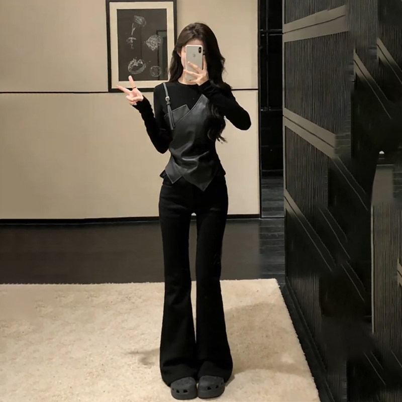 pu皮拼接假两件设计感长袖T恤女秋冬显瘦时尚打底衫上衣裤子套装,女装/女士精品,时尚套装,淘宝优惠券,粉丝福利购,淘宝优惠卷