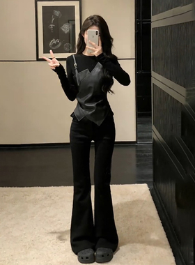 pu皮拼接假两件设计感长袖T恤女秋冬显瘦时尚打底衫上衣裤子套装