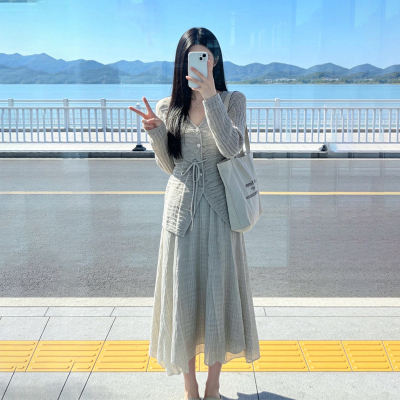 套装针织外套上衣格子半身裙子