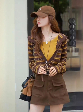 连帽针织衫上衣工装裙子套装网红时尚炸街新款女装入秋穿搭一整套