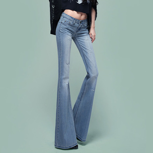 女2021秋季 长裤 新款 复古喇叭裤 显瘦直筒浅色时尚 破洞微喇叭牛仔裤