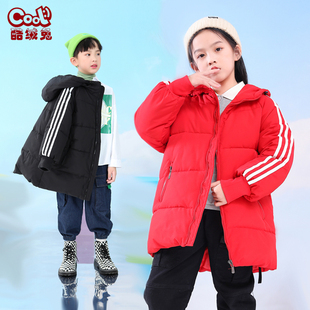 儿童中长款棉服加厚男童羽绒棉衣女童棉袄经典三条杠外套韩版洋气