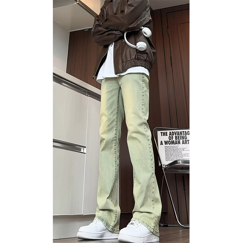 A417ANK6294P45黄泥色牛仔裤男女直筒微喇加长款裤子高弹力，男装牛仔裤，电商A417A