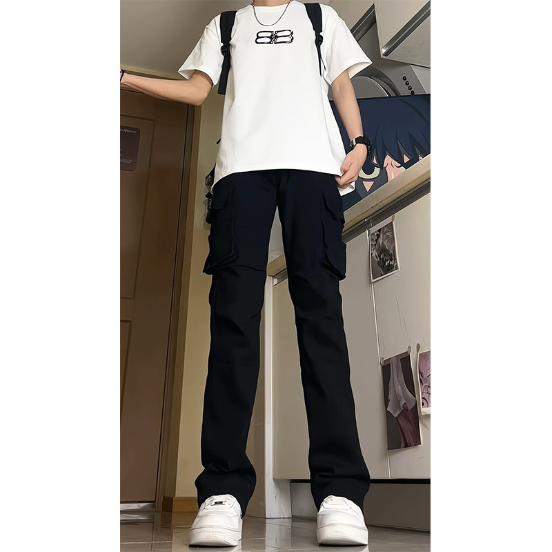 A417ANK3003P50春季新款黑色弹力工装休闲裤百搭微喇裤子,男装休闲裤,电商A417A