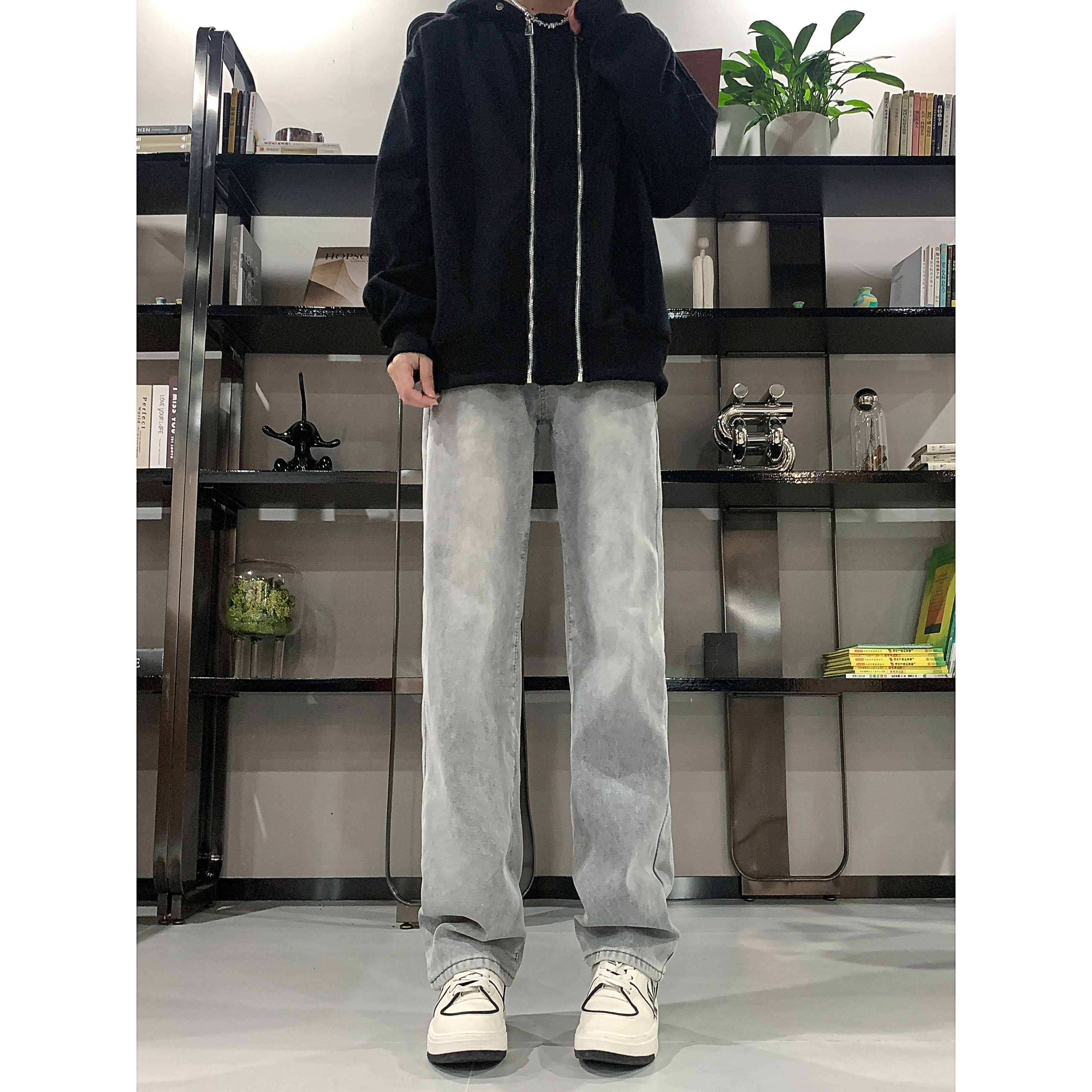 A417ANK360P45烟灰水泥色牛仔裤男春季穿搭裤子美式复古微喇裤,男装牛仔裤,电商A417A