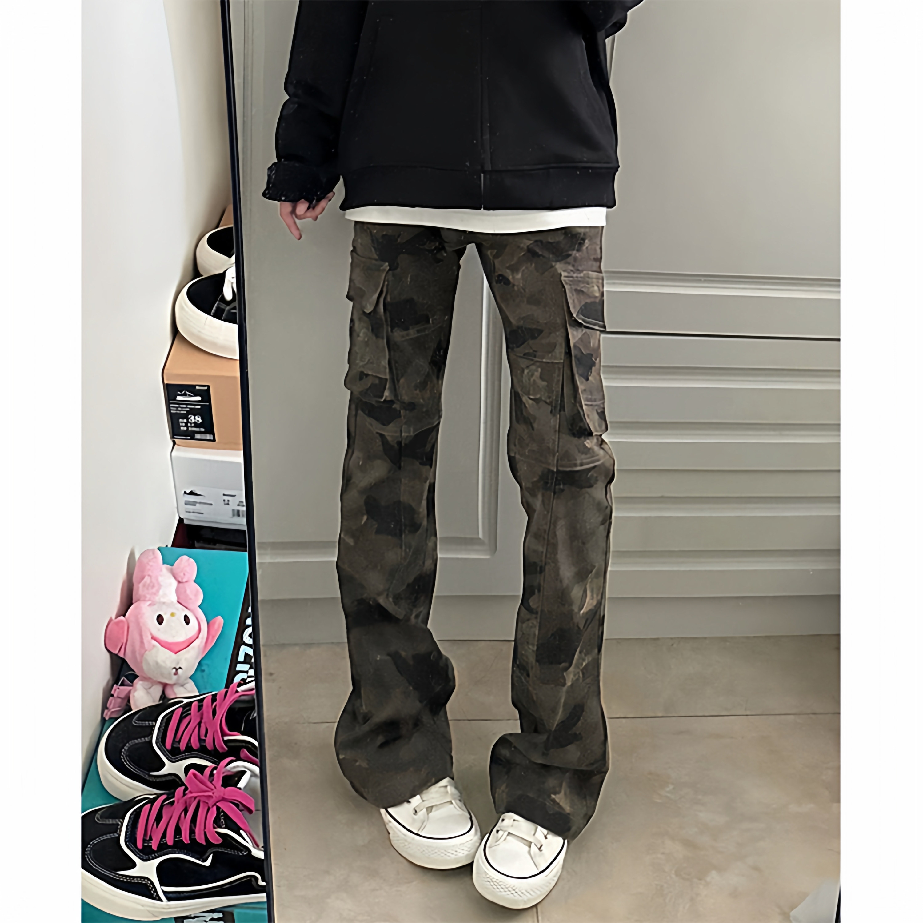 美式复古迷彩牛仔裤男款秋季潮牌vibe工装微喇裤子修身显瘦直筒裤,男装工装外套,电商A417A