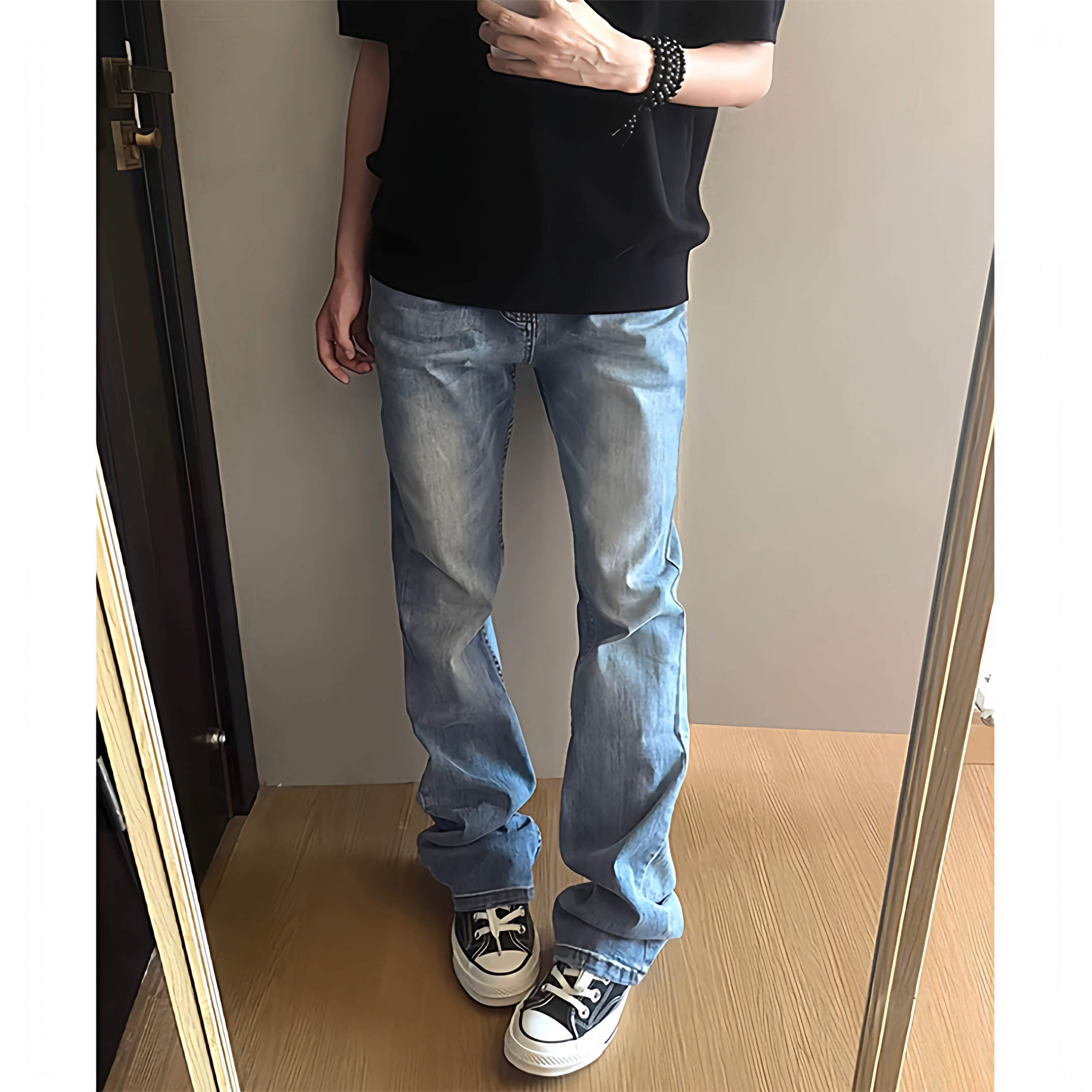 A417ANK3221P45男士浅蓝色牛仔裤百搭微喇休闲长裤,男装牛仔裤,电商A417A