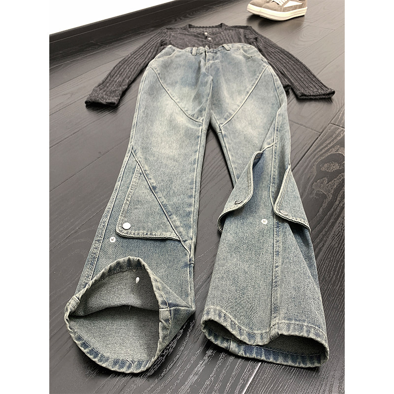 A417ANK1911P55男士铆钉扣子设计牛仔裤宽松微喇裤子，男装牛仔裤，电商A417A