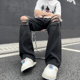 A417ANK379P55破洞牛仔裤男夏季薄款美式高街vibe裤子微喇裤，男装牛仔裤，电商A417A