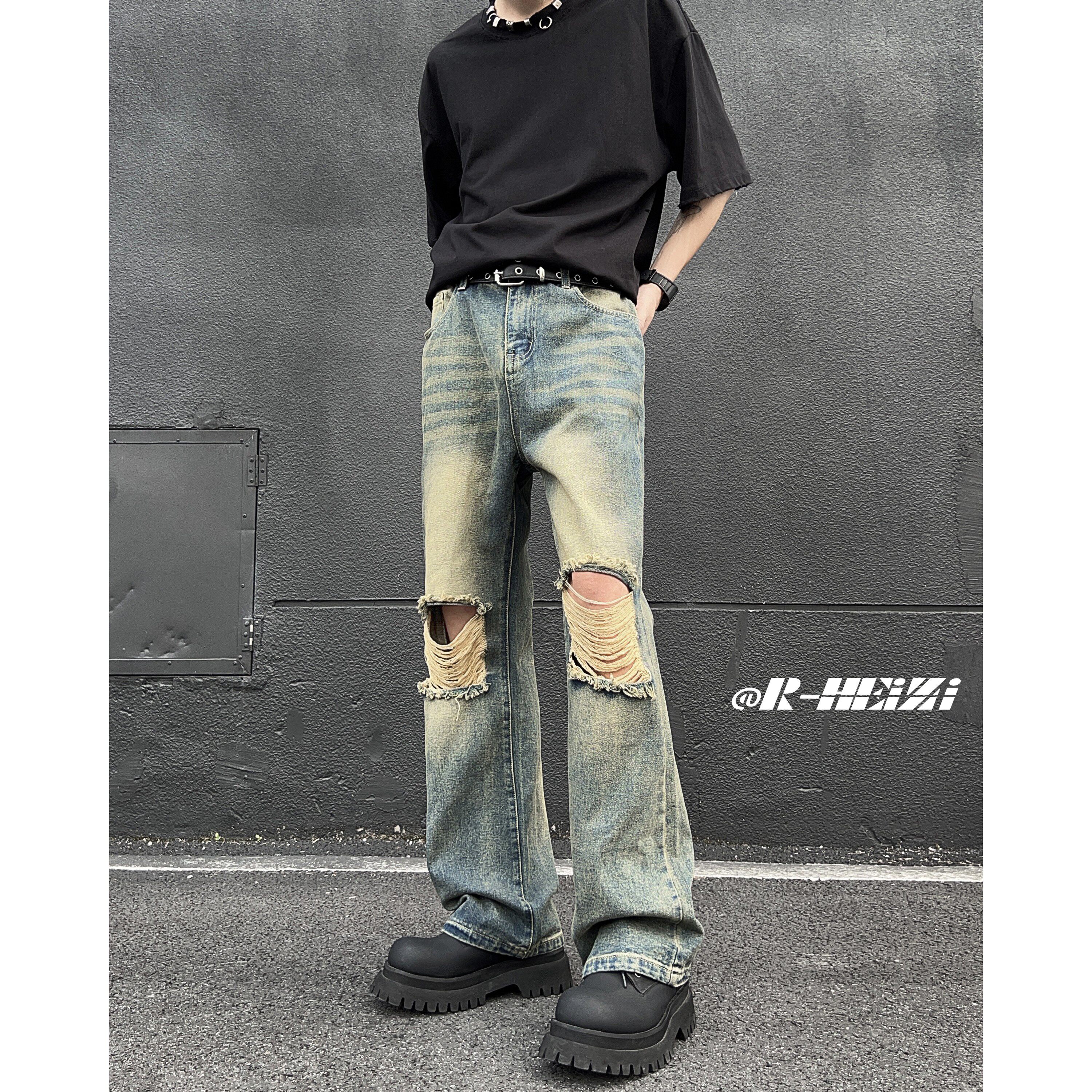 A417ANK379P55破洞牛仔裤男夏季薄款美式高街vibe裤子微喇裤,男装牛仔裤,电商A417A