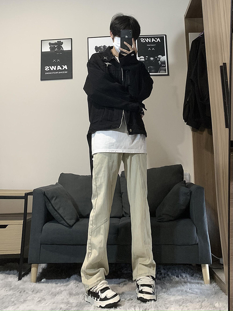A417ANK357P55秋冬男士高街时尚拼接设计感牛仔裤百搭裤子,男装牛仔裤,电商A417A