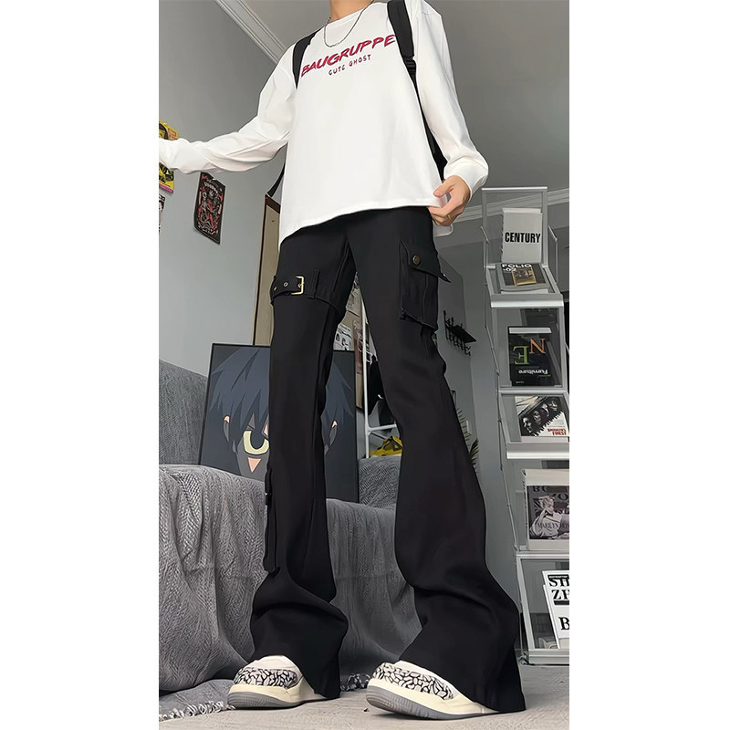 白色绑带牛仔裤男款美式高街潮牌vibe裤子修身高腰微喇直筒工装裤,男装牛仔裤,电商A417A