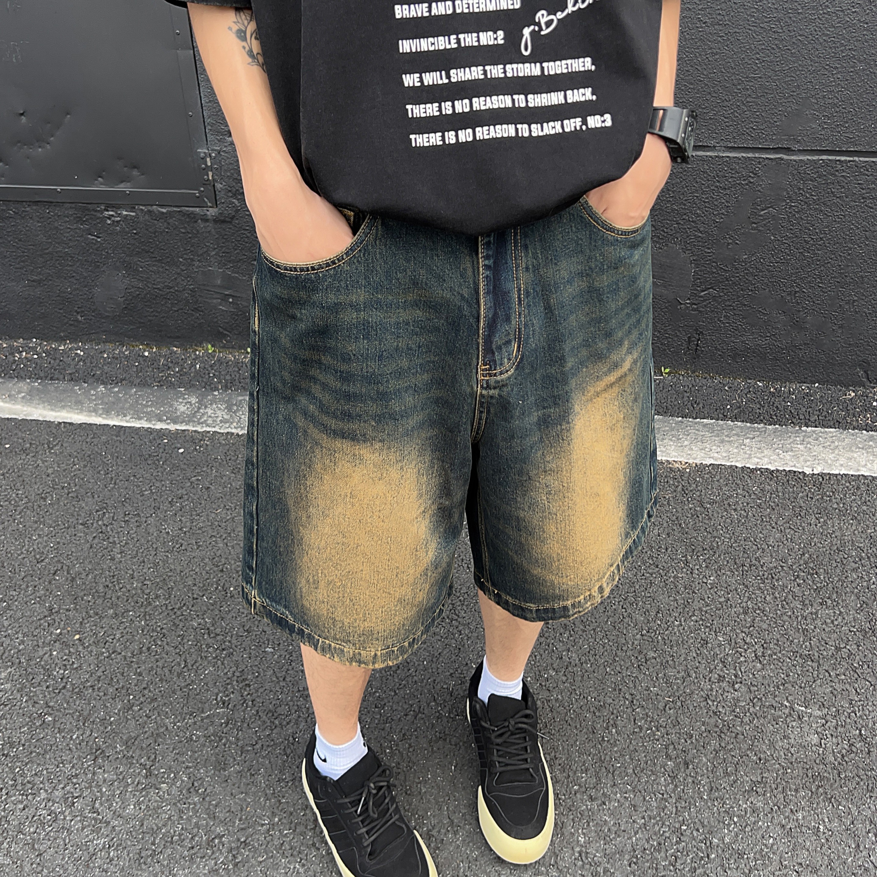 A417ADK251P45做旧复古牛仔短裤男生夏季街头直筒宽松五分中裤,男装牛仔裤,电商A417A