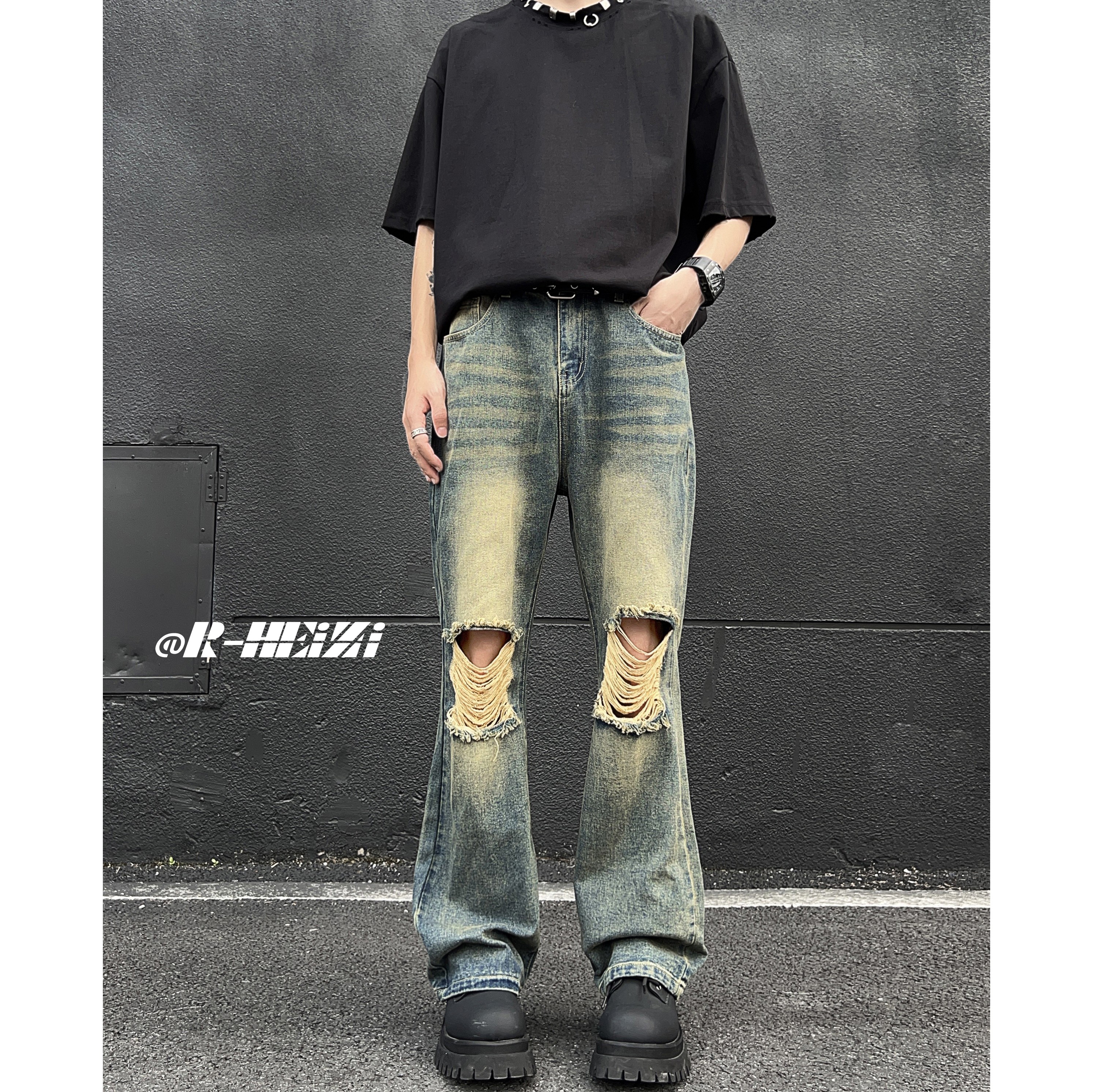 A417ANK378P55破洞牛仔裤男夏季薄款美式高街vibe裤子微喇裤,男装牛仔裤,电商A417A