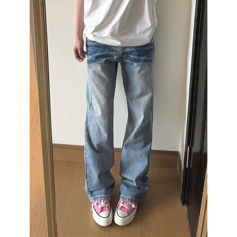 A417A NK9527  P45男士闪电纹牛仔裤高街水洗修身微喇裤子