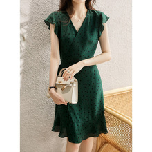 A100桑蚕丝波点真丝连衣裙2024夏季新款杭州丝绸绿色气质缎面裙子