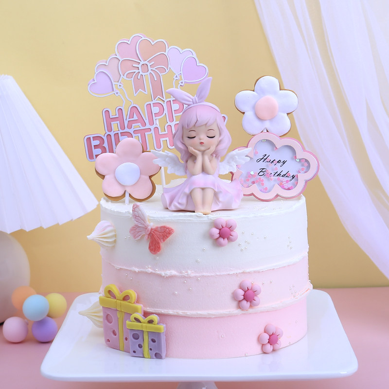 梦可儿兔耳朵天使公主少女心生日派对蛋糕装饰摆件烘焙双层台装扮