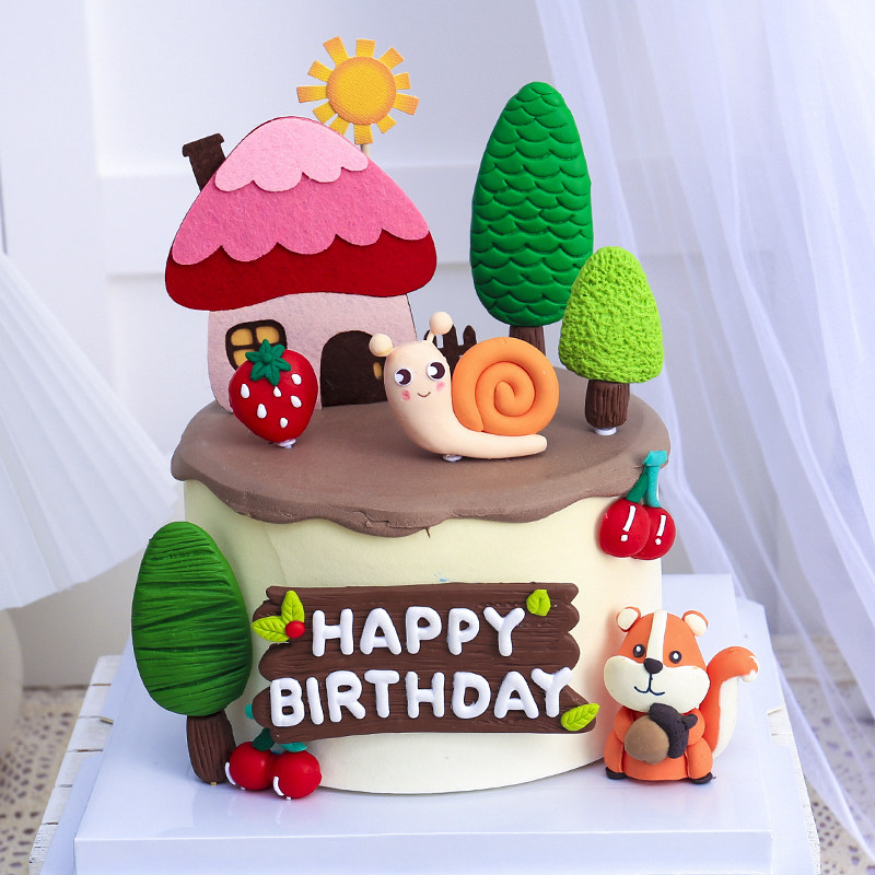 软陶动物生日周岁蛋糕装饰摆件松鼠窝牛太阳房子草莓樱桃树木烘焙