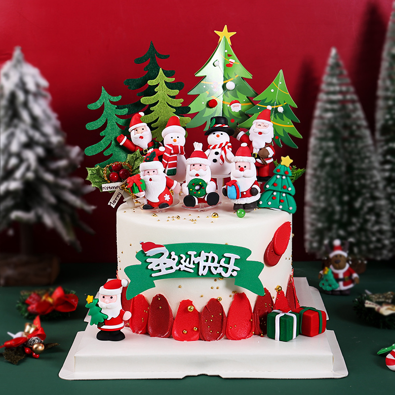 圣诞节蛋糕装饰软陶软胶圣诞老人礼物雪人鹿拉车圣诞圈果插牌摆件