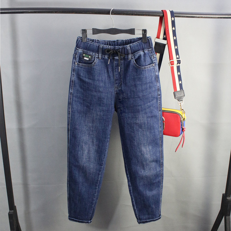 女哈伦牛仔裤显瘦抽绳松紧腰大码萝卜胖mm宽松弹力2025年秋冬新品