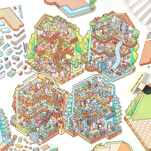 造景贴纸温馨满屋大尺寸微缩小屋3d立体场景手账贴纸diy手工贴画