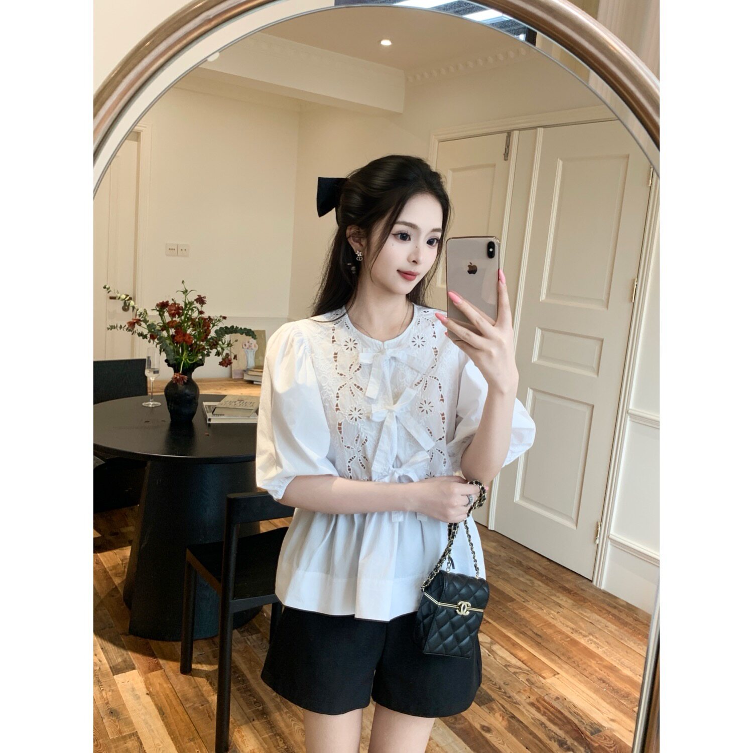 Cyuenyuen予恩/法式蝴蝶结泡泡短袖衬衫女设计感减龄气质休闲上衣