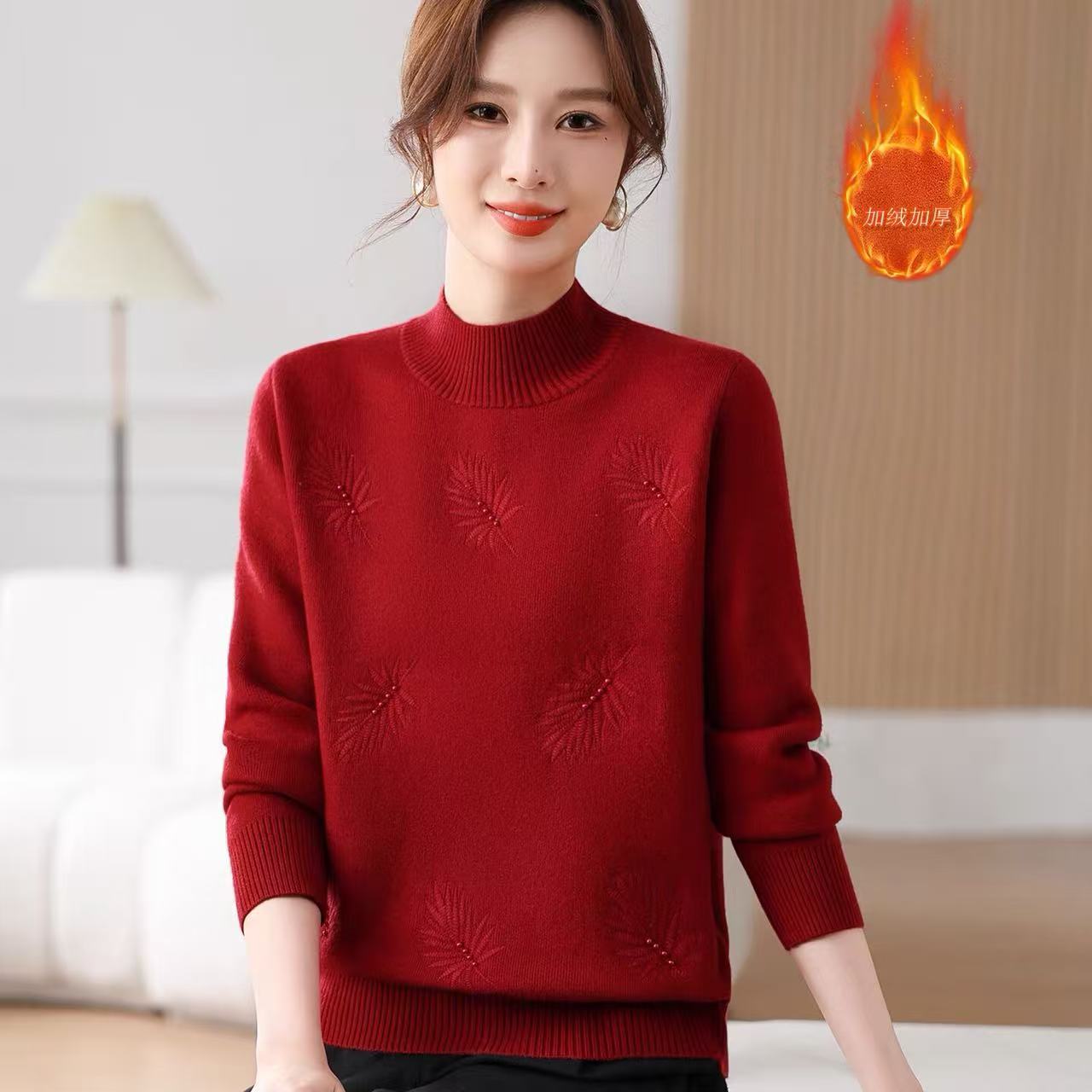 妈妈冬装加绒加厚保暖打底衫中老年女装一体绒毛衣半高领上衣新款