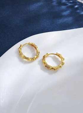 传承沙金仿真黄金色竹节点钻耳环