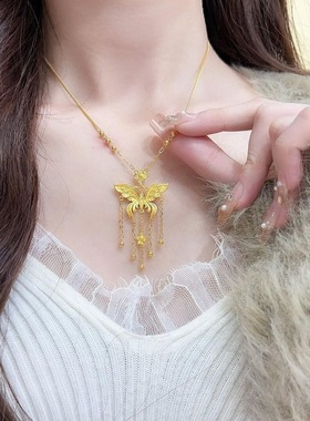 沙金镂空立体蝴蝶流苏项链女吊坠