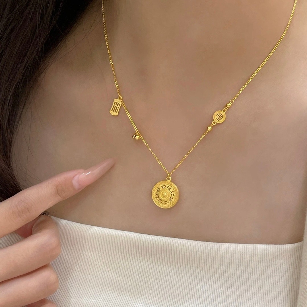 沙金镂空花丝八宝罗盘吊坠项链女