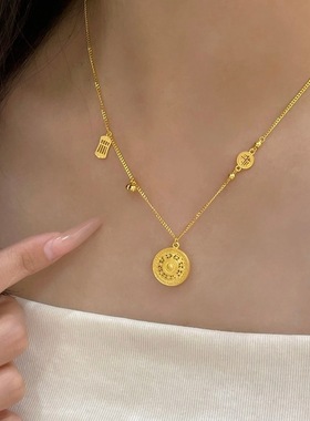 沙金镂空花丝八宝罗盘吊坠项链女