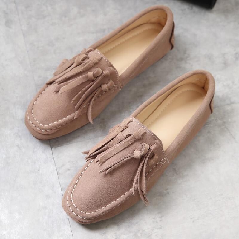 2018磨砂绒面流苏方头套脚耐磨平底平跟女士全女真皮单鞋豆豆鞋