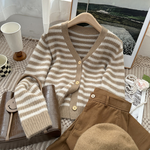 拼色宽松毛衣开衫 1CoMo 韩版 气质条纹针织外套女款 54219 早秋新款