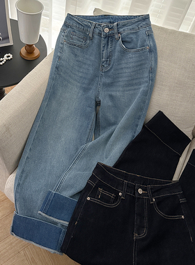 1CoMo 新款百搭时尚微弹高腰韩版宽松显瘦设计感牛仔直筒裤6032