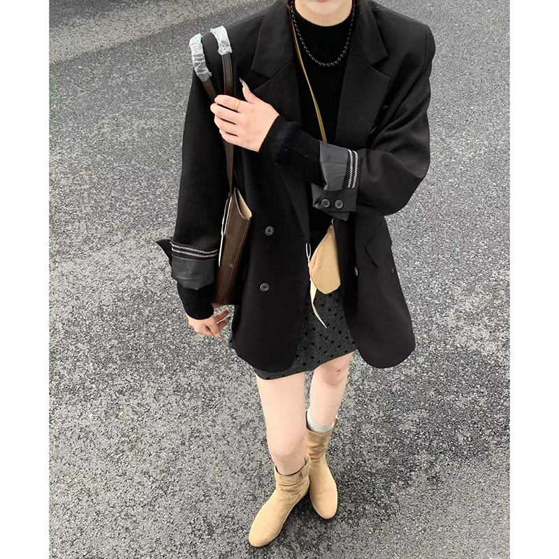 CoMo 秋冬新款黑色廓形西装外套女设计感显瘦高级感休闲西服1527