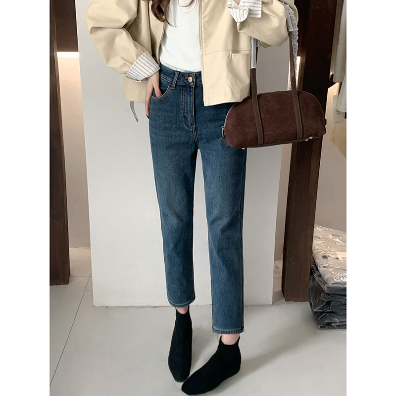 CoMo 加绒牛仔裤女冬季新款高腰法棍裤显瘦加厚保暖休闲百搭8171F
