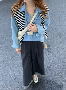 CoMo 假两件牛仔衬衫新款女装时尚复古设计感翻领百搭6187