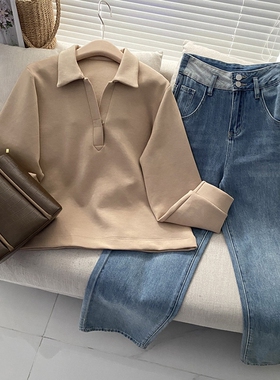 CoMo 定制春秋纯色宽松韩版长袖翻领上衣休闲双面棉质卫衣 25137