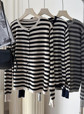 1CoMo 早秋新款显瘦韩版舒适百搭宽松休闲时尚短款条纹开衫595