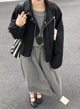 CoMo 黑色压皱夹克上衣女韩系休闲宽松短款复古百搭工装外套0907