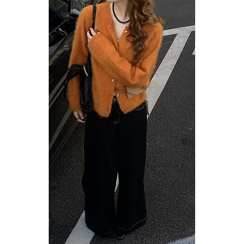 CoMo 拉毛开衫女冬韩系柔软毛绒感慵懒风V 领单排扣针织外套6380