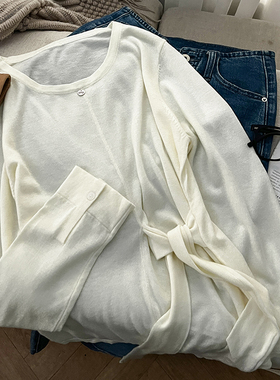 CoMo 新款百搭时尚韩版设计感舒适轻熟风打底绑带长袖针织衫1165