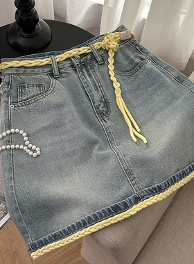 1CoMo新款百搭时尚天丝混纺高腰显瘦韩版设计A字包臀牛仔短裙6950