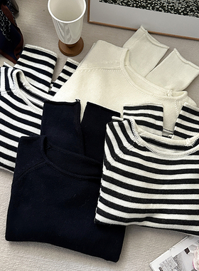 1CoMo 新款套头长袖毛针织衫韩版时尚上衣条纹显瘦修身毛衣5001