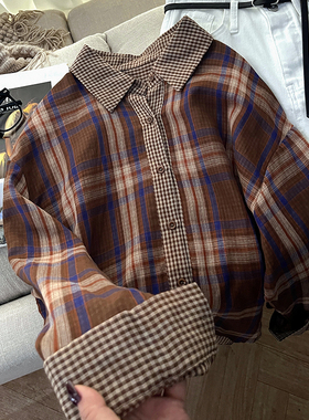 CoMo 新款秋季百搭时尚韩版设计感日常通勤舒适格纹复古衬衫3678