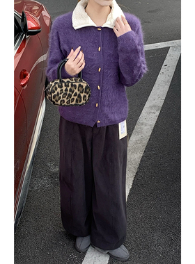 CoMo 撞色翻领拉毛开衫毛绒感紫色针织外套外穿羊毛开衫上衣6380