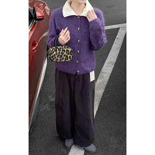 上衣6380 毛绒感紫色针织外套外穿羊毛开衫 CoMo 撞色翻领拉毛开衫