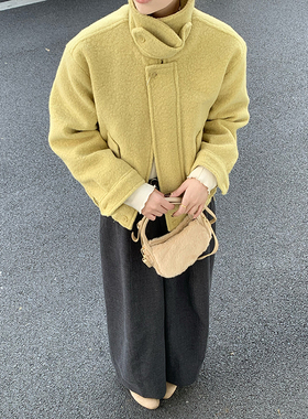 CoMo 韩系鹅黄色毛呢外套女秋冬新款短款立领复古温柔风上衣8118