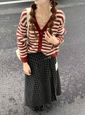 CoMo 复古甜妹风条纹浣熊开衫小众显瘦秋冬百搭减龄针织外套4219