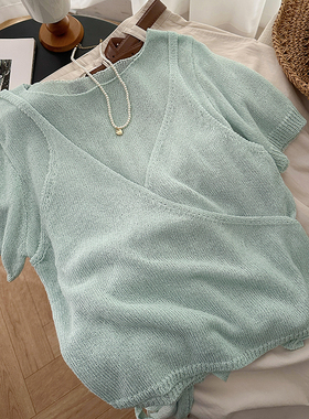 1CoMo 新款时尚简约大方气质显瘦舒适薄款假两件短袖针织衫2309